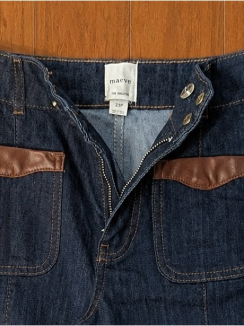 Maeve Dark Blue Denim Cropped Wide-Leg Jeans with Brown Trim Sz 23P - Picture 4 of 4